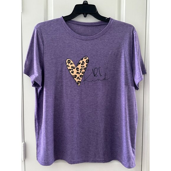 Purple "Be Kind" Graphic Tee With Leopard Print Heart - Picture 1 of 4